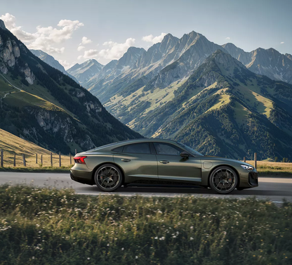 Dunkelgrünes Sportauto auf Bergstraße vor Alpenkulisse