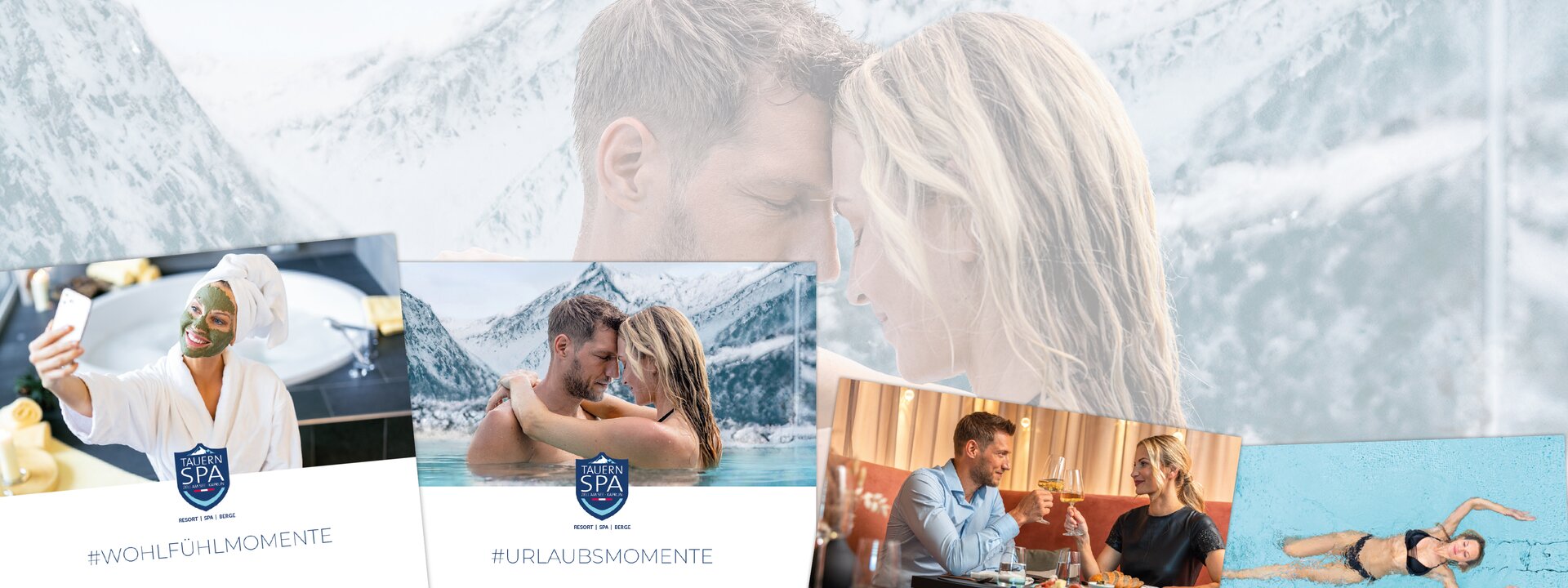 Collage mit Paaren vor Bergkulisse, Spa-Logo und Hashtags für Urlaubs- und Genussmomente