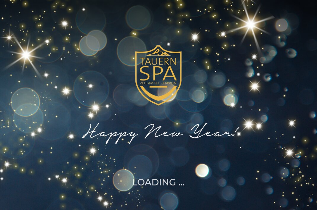 Tauern Spa Logo mit "Happy New Year" vor blauem Hintergrund mit Sternen und Bokeh-Effekt