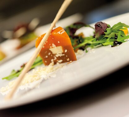 Orangefarbene Speise auf weißem Teller mit Salat und einem Holzstab