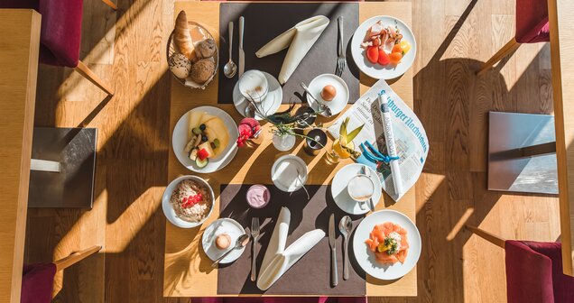 Gedeckter Frühstückstisch mit Brötchen, Aufschnitt, Müsli, Obst und Getränken von oben | © SPORTALPEN