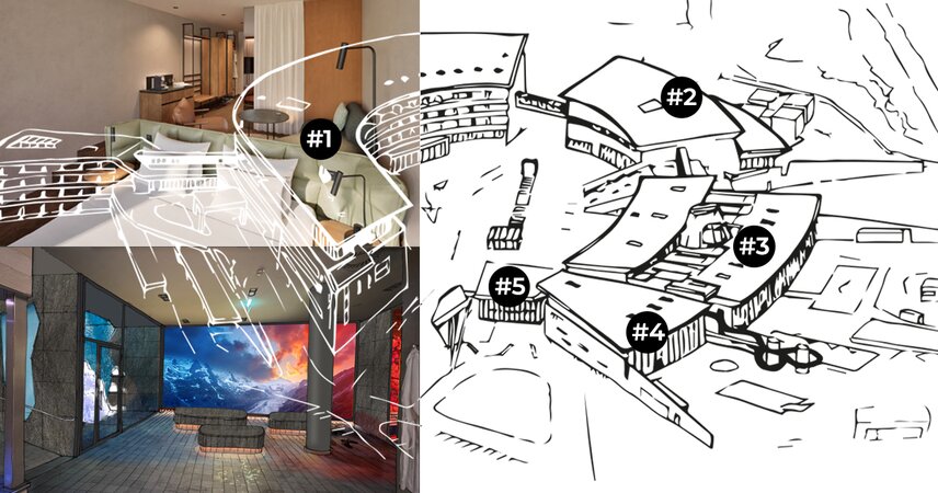 Architektur-Skizze und Innenansichten Tauern SPA