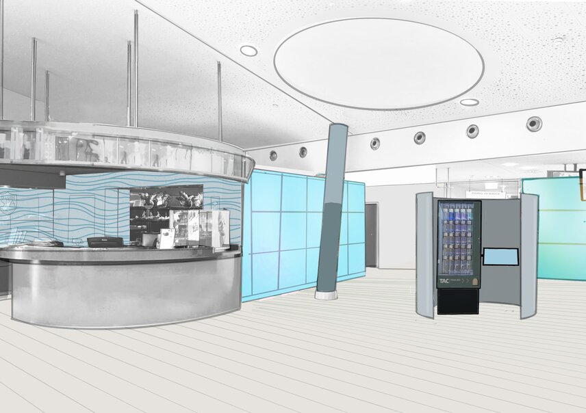 Skizze des Empfangsbereich mit Theke und Automaten