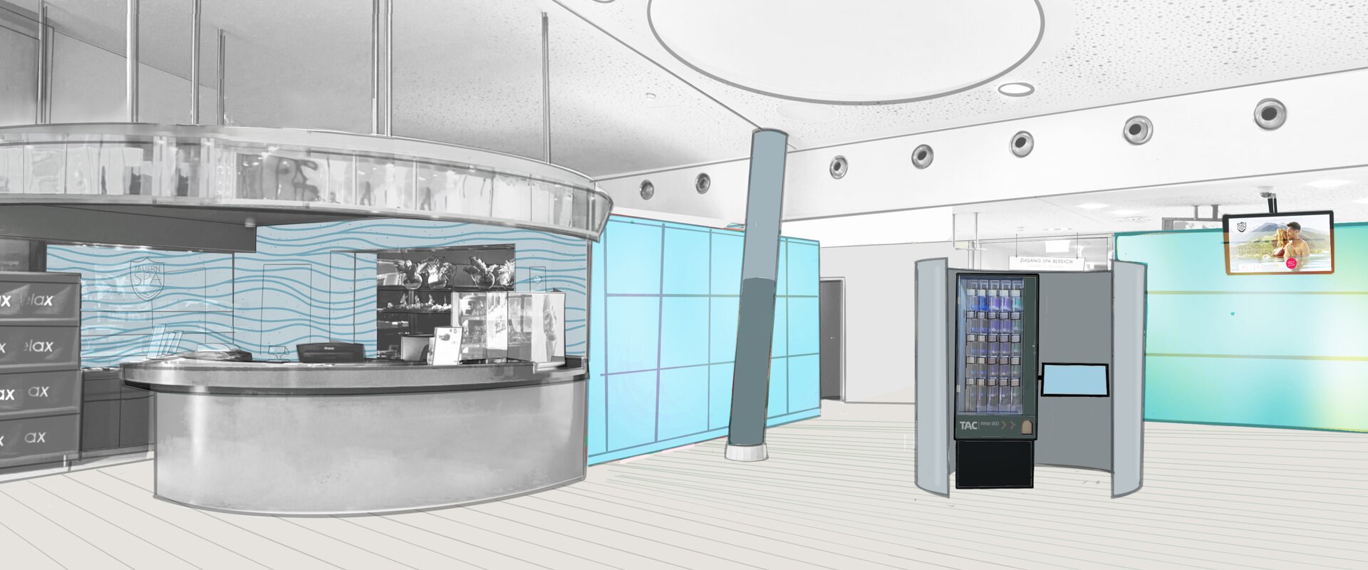 Skizze des Empfangsbereich mit Theke und Automaten