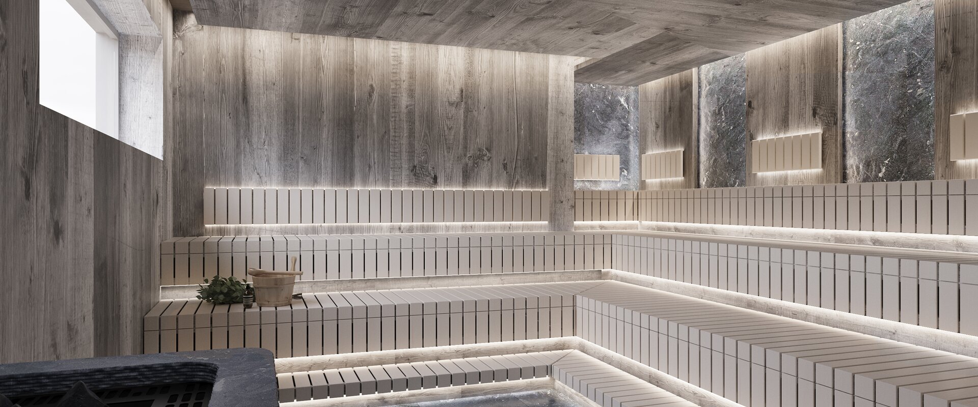 Moderne Holzsauna mit Stein und indirekter Beleuchtung