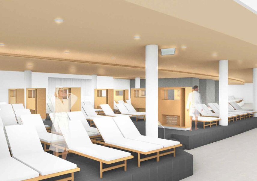 Heller Entspannungsbereich mit vielen Liegen und Kabinen