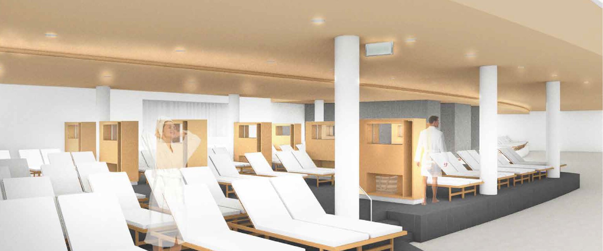 Heller Entspannungsbereich mit vielen Liegen und Kabinen