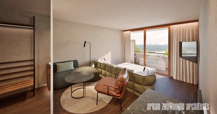 Modernes Hotelzimmer mit Balkon und Bergblick