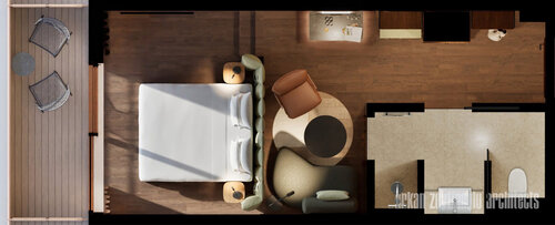 Modern hotel room layout with balcony and bathroom