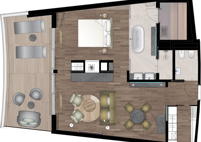 Moderner Grundriss luxuriöser Hotelsuite mit Balkon
