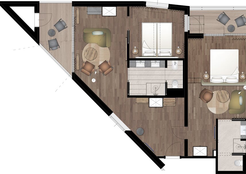 Detaillierter möblierter Grundriss einer modernen Suite