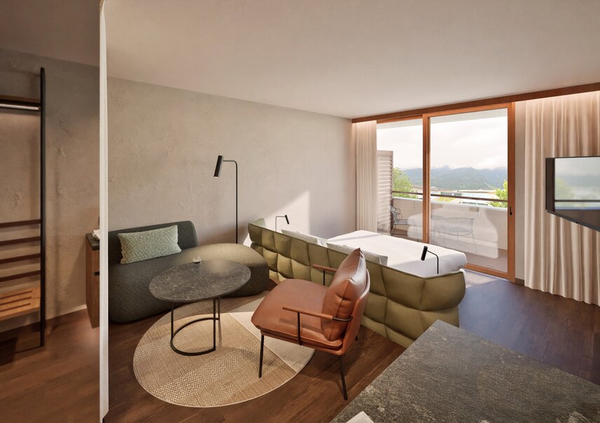 Modernes Hotelzimmer mit Balkon und Bergblick