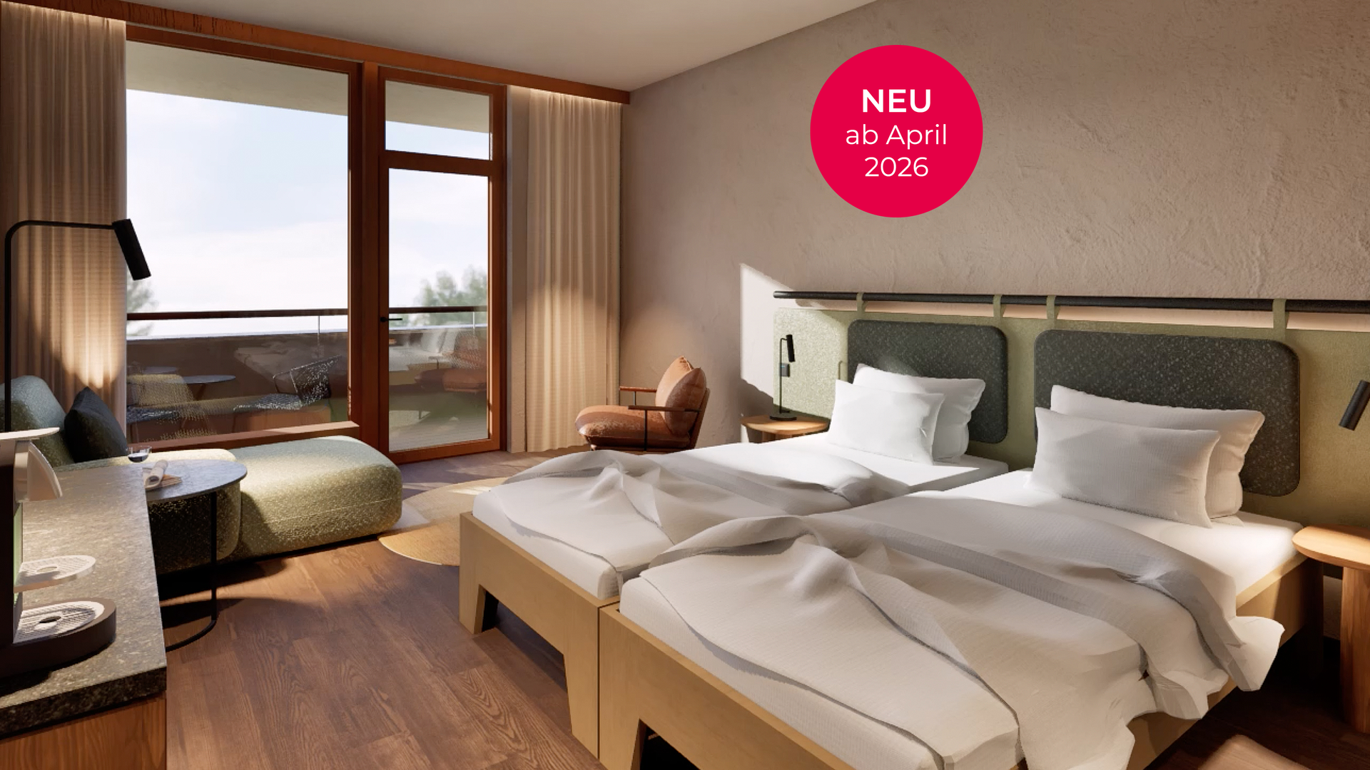 Modernes Hotelzimmer mit Balkon und zwei Betten