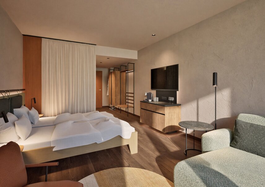 Modernes Hotelzimmer mit minimalistischer Holzeinrichtung