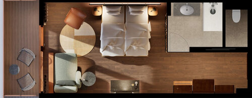 Grundriss modernes Hotelzimmer mit Bad und Balkon