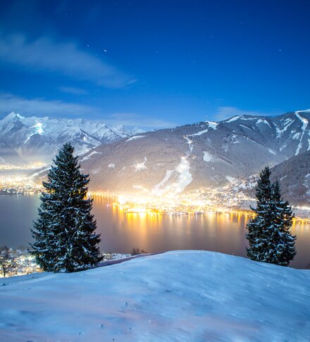 Zell am See at night with lake, mountains, snow and two fir trees in the foreground