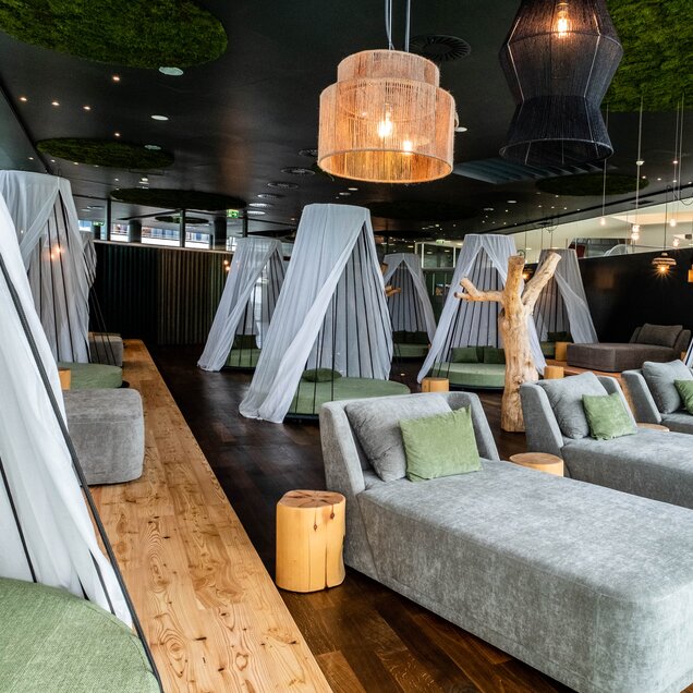 Interior view of a pine forest relaxation room with loungers and canopies under decorative lamps