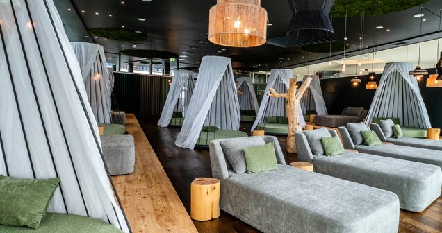 Interior view of a pine forest relaxation room with loungers and canopies under decorative lamps | © beech studiis