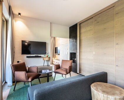 Bright junior suite with sofa, armchair, TV and wooden elements